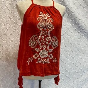 Coco+Jaimeson size Large Embroidered Halter Top burnt orange‎ floral paisley